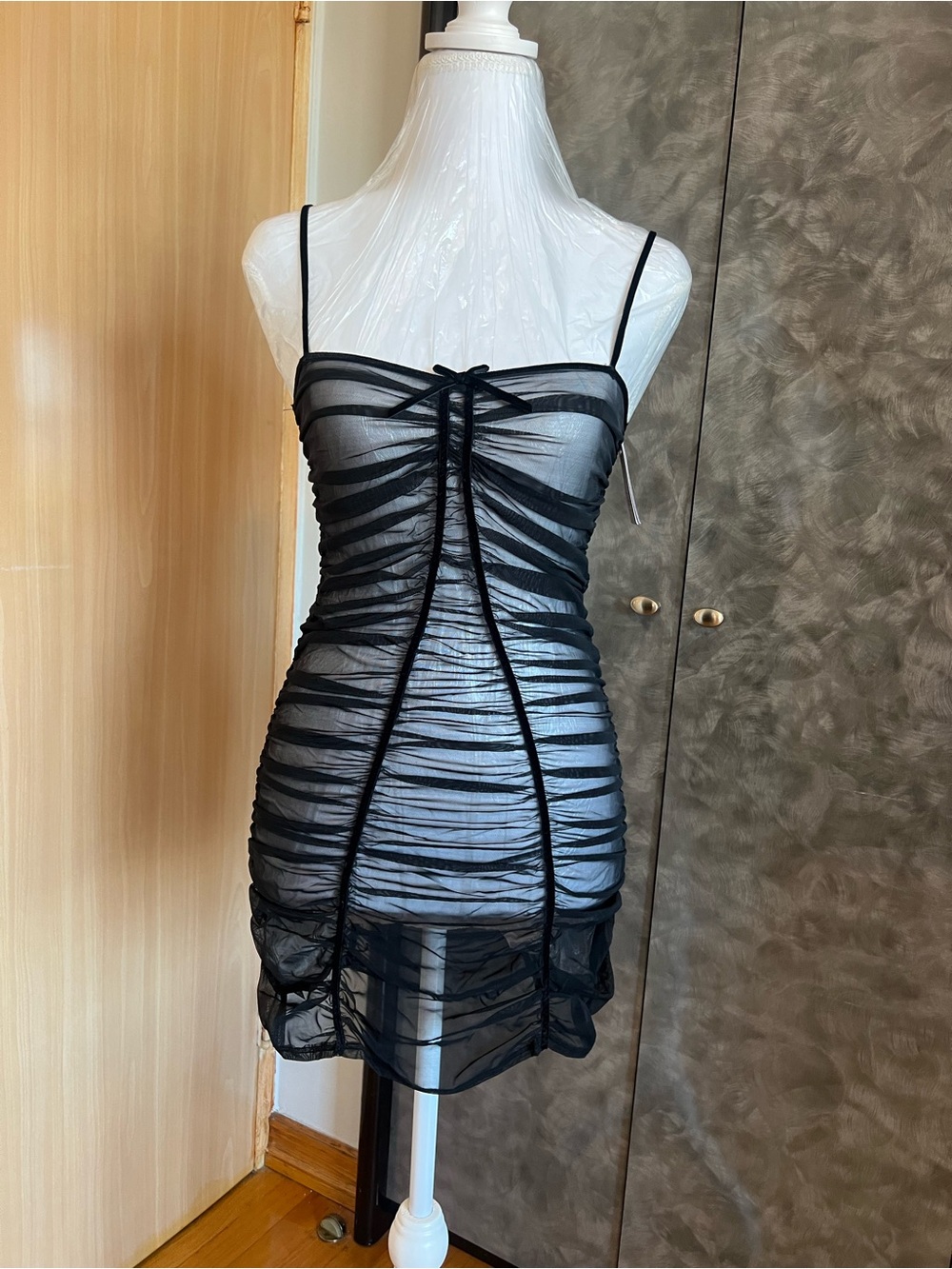 Auden Black Sheer Ruched Mesh Dress with Spaghetti Straps